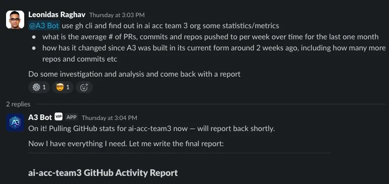 Slack and GitHub interaction examples for A3